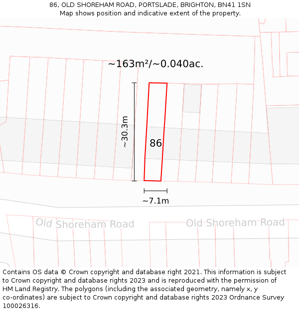 86, OLD SHOREHAM ROAD, PORTSLADE, BRIGHTON, BN41 1SN: Plot and title map