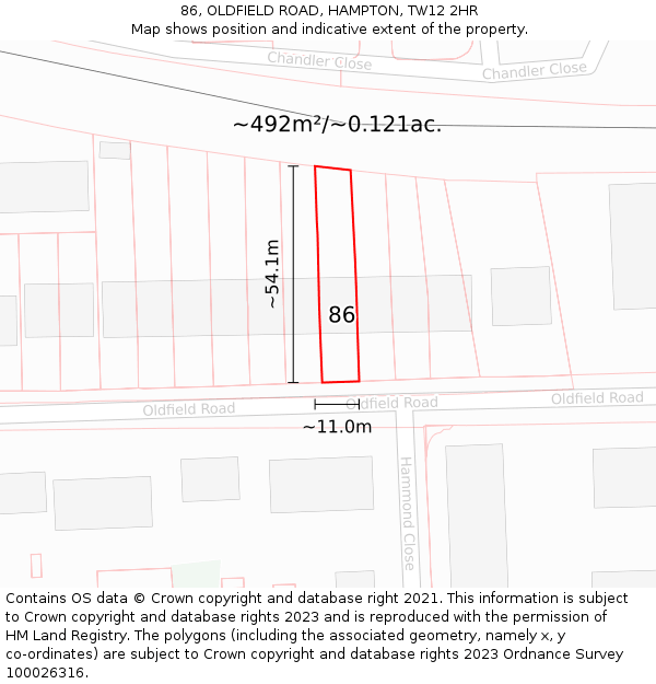 86, OLDFIELD ROAD, HAMPTON, TW12 2HR: Plot and title map