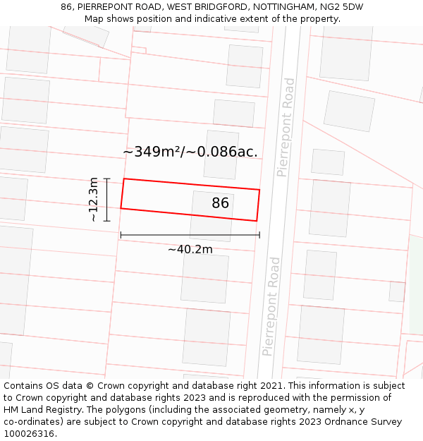 86, PIERREPONT ROAD, WEST BRIDGFORD, NOTTINGHAM, NG2 5DW: Plot and title map