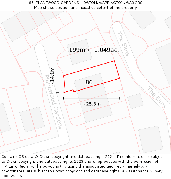 86, PLANEWOOD GARDENS, LOWTON, WARRINGTON, WA3 2BS: Plot and title map