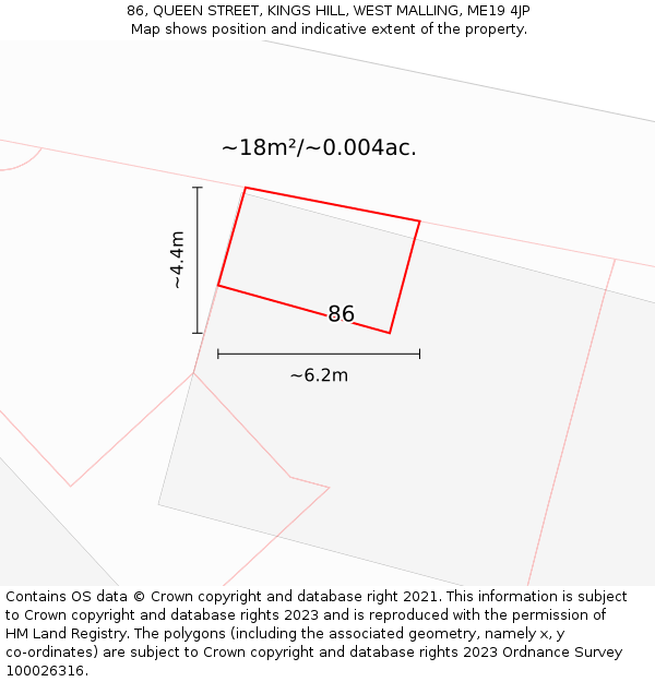 86, QUEEN STREET, KINGS HILL, WEST MALLING, ME19 4JP: Plot and title map