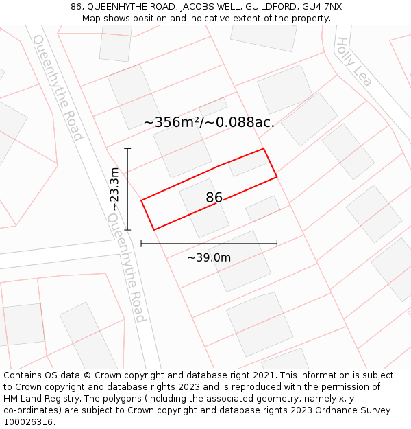 86, QUEENHYTHE ROAD, JACOBS WELL, GUILDFORD, GU4 7NX: Plot and title map