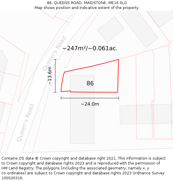 86, QUEENS ROAD, MAIDSTONE, ME16 0LG: Plot and title map