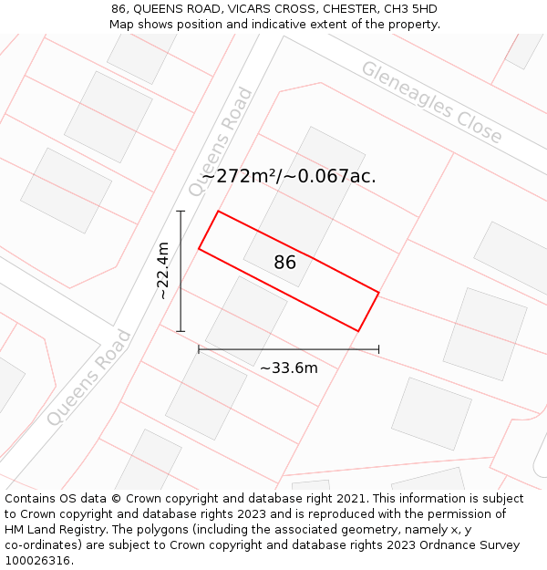 86, QUEENS ROAD, VICARS CROSS, CHESTER, CH3 5HD: Plot and title map