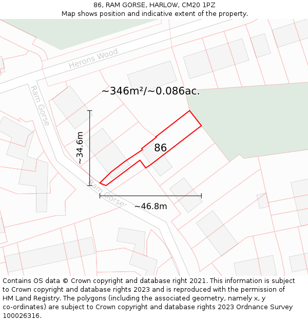 86, RAM GORSE, HARLOW, CM20 1PZ: Plot and title map