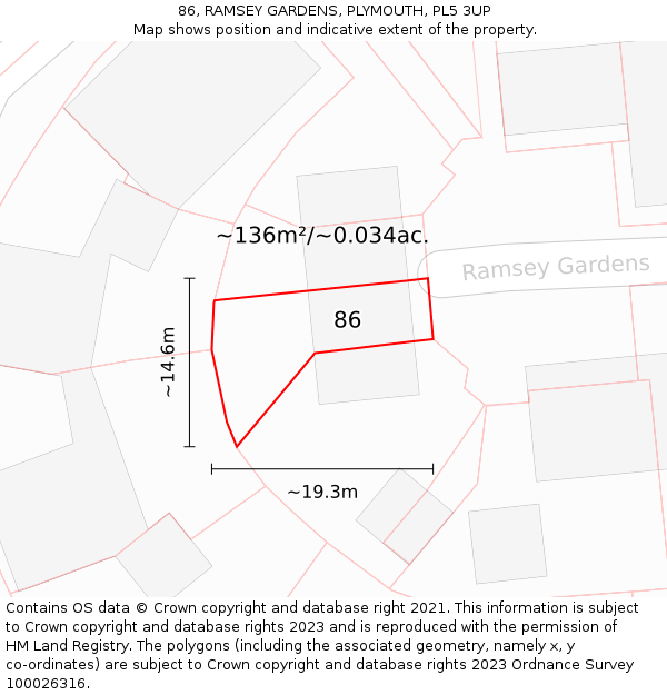 86, RAMSEY GARDENS, PLYMOUTH, PL5 3UP: Plot and title map