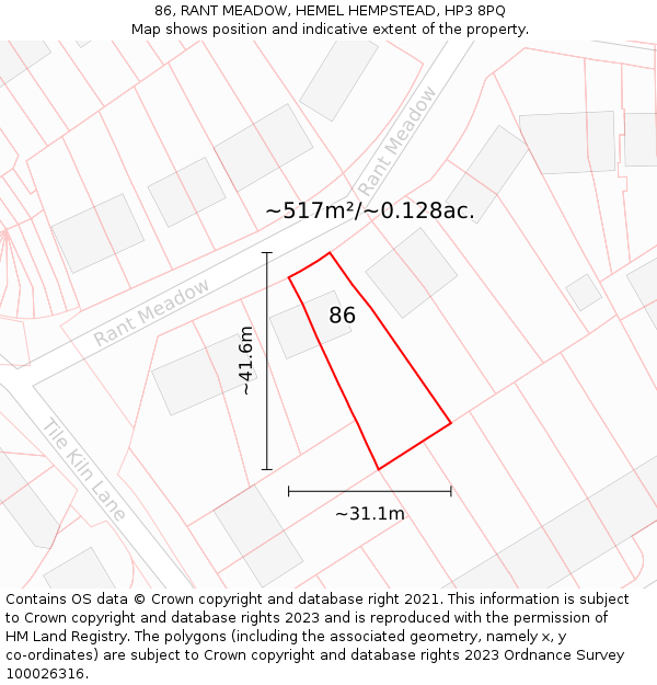 86, RANT MEADOW, HEMEL HEMPSTEAD, HP3 8PQ: Plot and title map