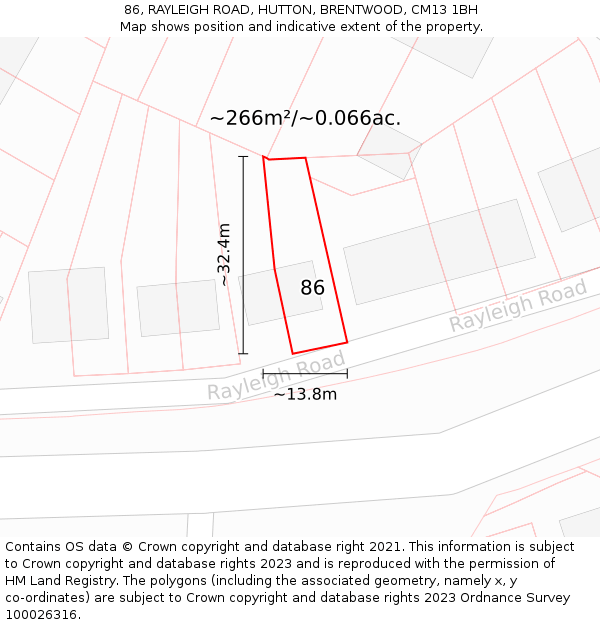 86, RAYLEIGH ROAD, HUTTON, BRENTWOOD, CM13 1BH: Plot and title map