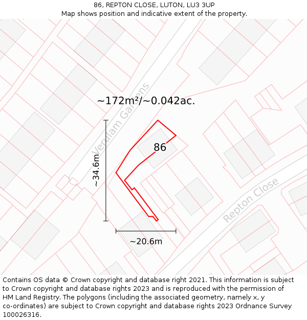 86, REPTON CLOSE, LUTON, LU3 3UP: Plot and title map