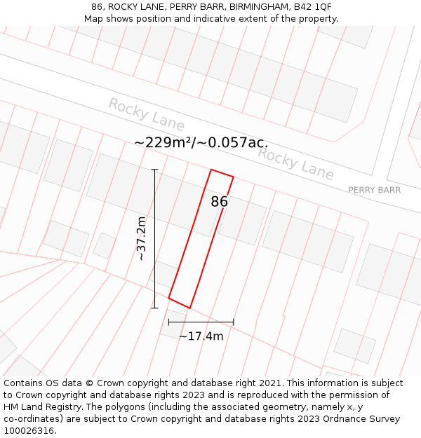 86, ROCKY LANE, PERRY BARR, BIRMINGHAM, B42 1QF: Plot and title map