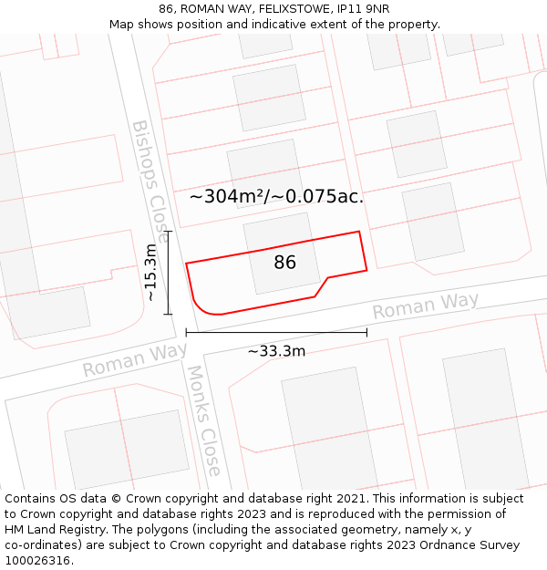 86, ROMAN WAY, FELIXSTOWE, IP11 9NR: Plot and title map