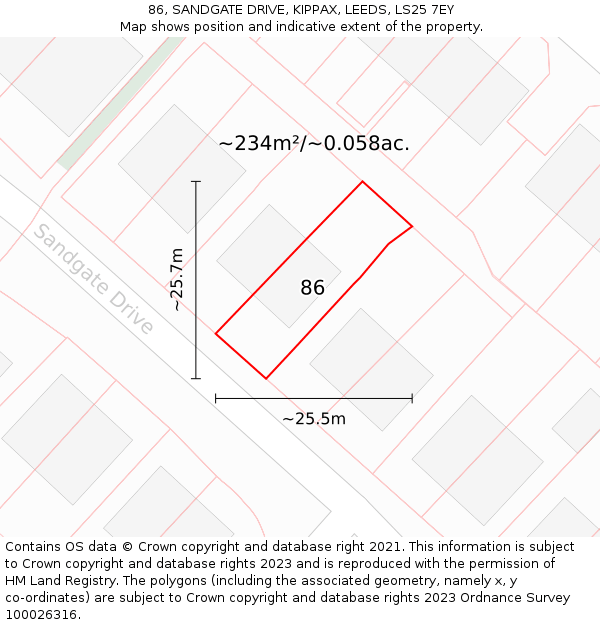 86, SANDGATE DRIVE, KIPPAX, LEEDS, LS25 7EY: Plot and title map