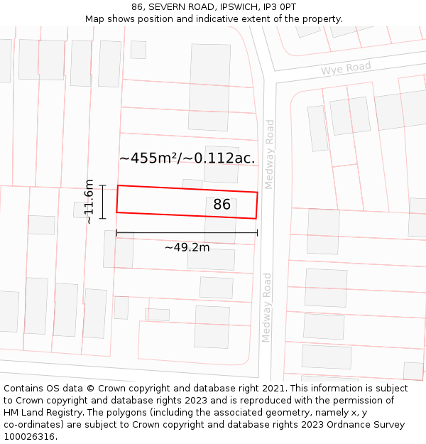 86, SEVERN ROAD, IPSWICH, IP3 0PT: Plot and title map