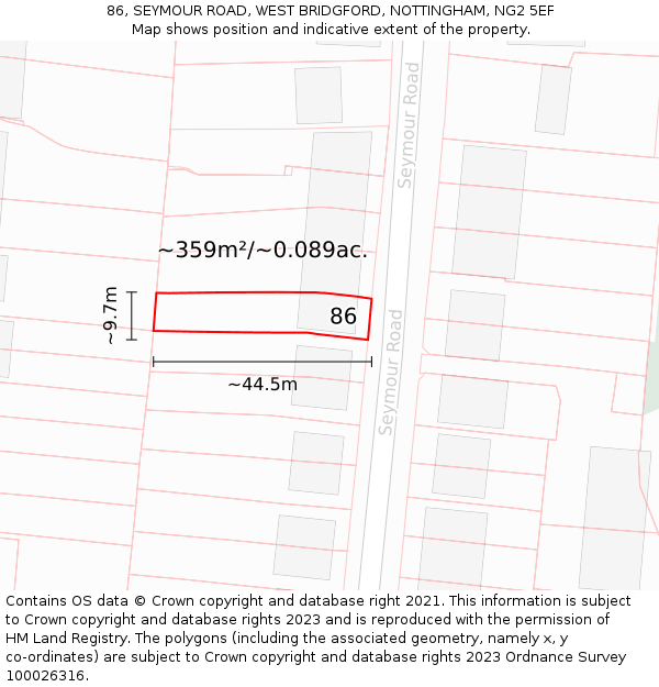 86, SEYMOUR ROAD, WEST BRIDGFORD, NOTTINGHAM, NG2 5EF: Plot and title map