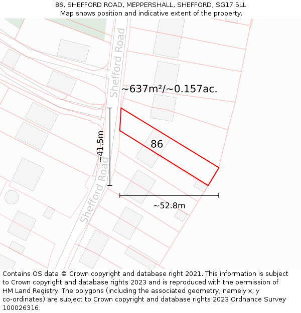 86, SHEFFORD ROAD, MEPPERSHALL, SHEFFORD, SG17 5LL: Plot and title map