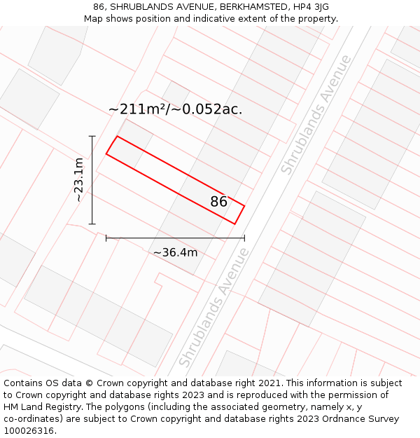 86, SHRUBLANDS AVENUE, BERKHAMSTED, HP4 3JG: Plot and title map