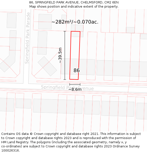 86, SPRINGFIELD PARK AVENUE, CHELMSFORD, CM2 6EN: Plot and title map