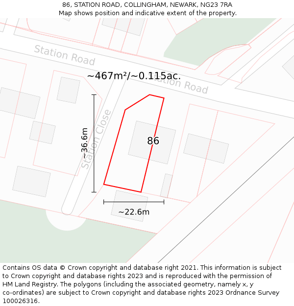 86, STATION ROAD, COLLINGHAM, NEWARK, NG23 7RA: Plot and title map