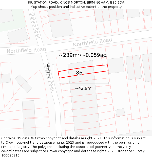 86, STATION ROAD, KINGS NORTON, BIRMINGHAM, B30 1DA: Plot and title map