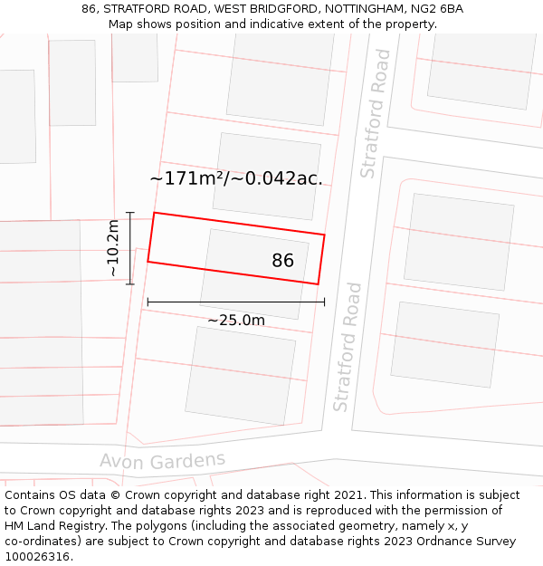 86, STRATFORD ROAD, WEST BRIDGFORD, NOTTINGHAM, NG2 6BA: Plot and title map