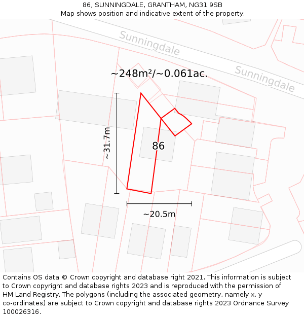 86, SUNNINGDALE, GRANTHAM, NG31 9SB: Plot and title map