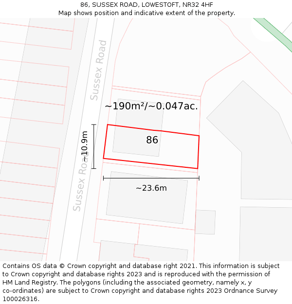 86, SUSSEX ROAD, LOWESTOFT, NR32 4HF: Plot and title map