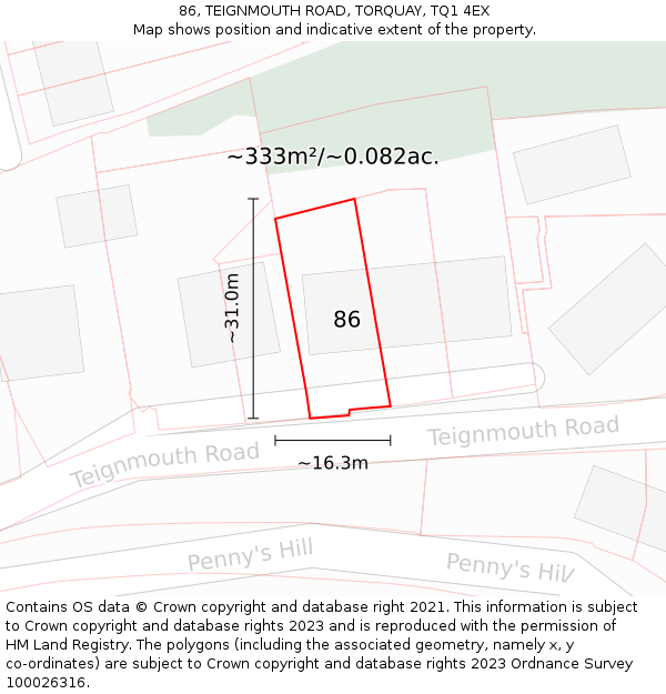 86, TEIGNMOUTH ROAD, TORQUAY, TQ1 4EX: Plot and title map