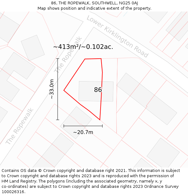 86, THE ROPEWALK, SOUTHWELL, NG25 0AJ: Plot and title map