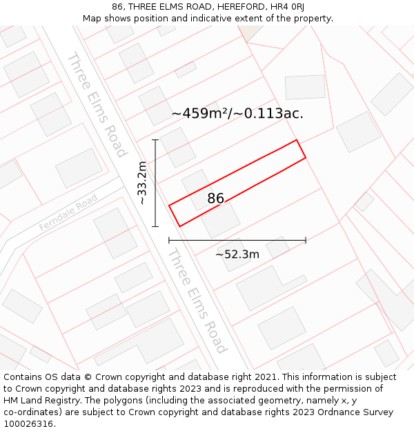 86, THREE ELMS ROAD, HEREFORD, HR4 0RJ: Plot and title map