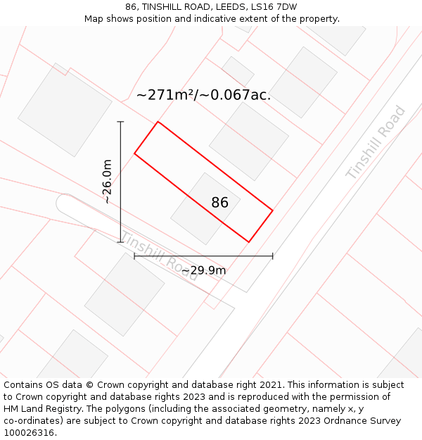 86, TINSHILL ROAD, LEEDS, LS16 7DW: Plot and title map