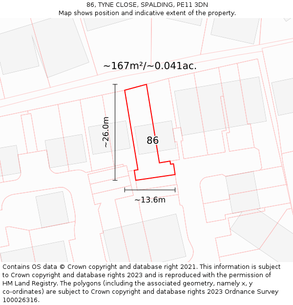 86, TYNE CLOSE, SPALDING, PE11 3DN: Plot and title map