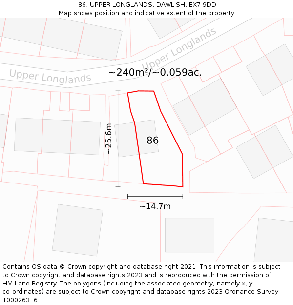 86, UPPER LONGLANDS, DAWLISH, EX7 9DD: Plot and title map