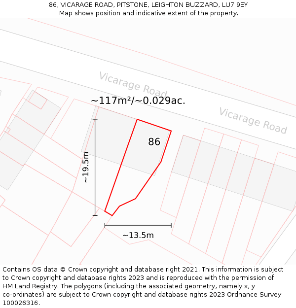 86, VICARAGE ROAD, PITSTONE, LEIGHTON BUZZARD, LU7 9EY: Plot and title map