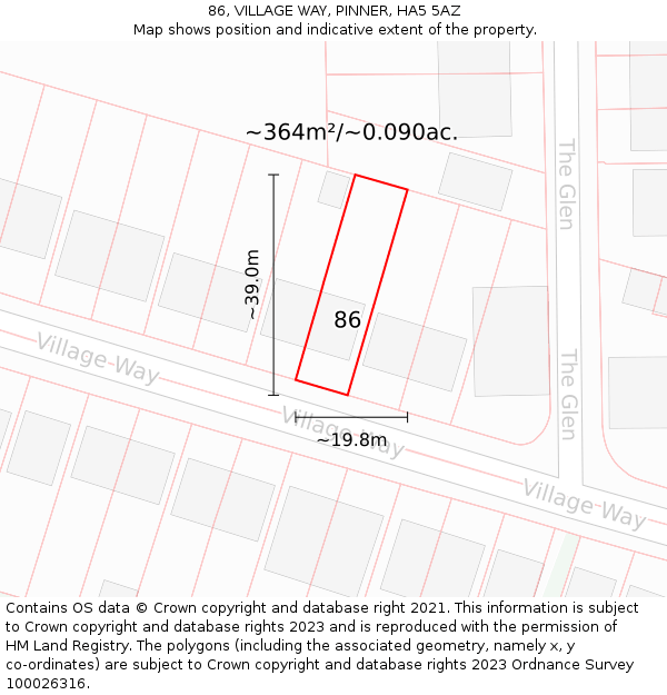 86, VILLAGE WAY, PINNER, HA5 5AZ: Plot and title map