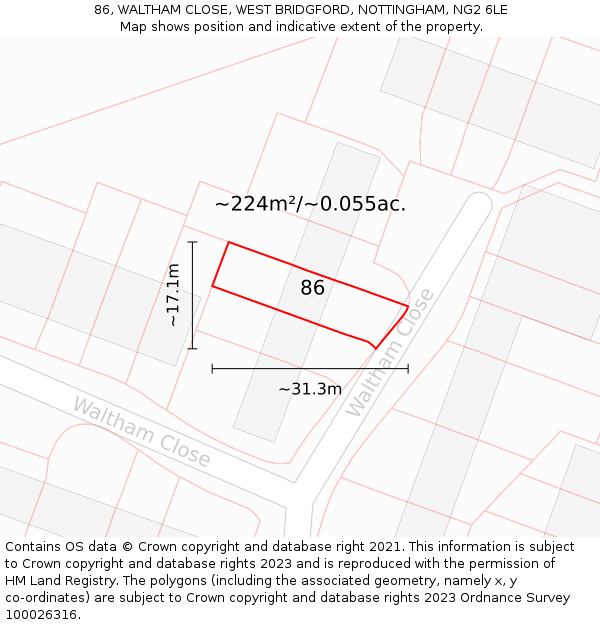 86, WALTHAM CLOSE, WEST BRIDGFORD, NOTTINGHAM, NG2 6LE: Plot and title map