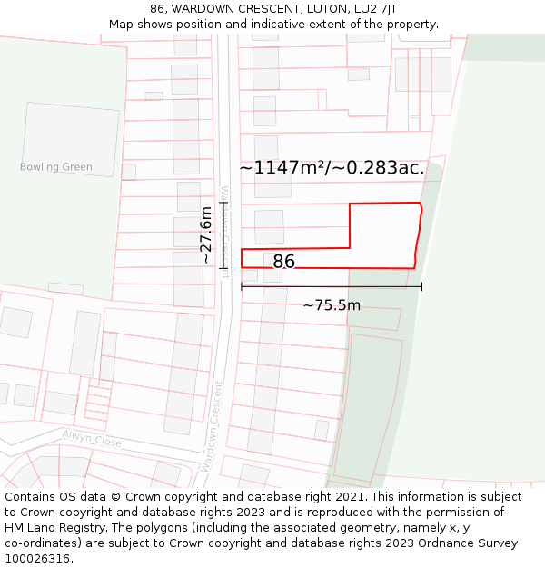 86, WARDOWN CRESCENT, LUTON, LU2 7JT: Plot and title map