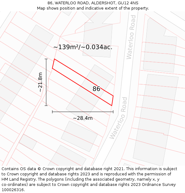 86, WATERLOO ROAD, ALDERSHOT, GU12 4NS: Plot and title map