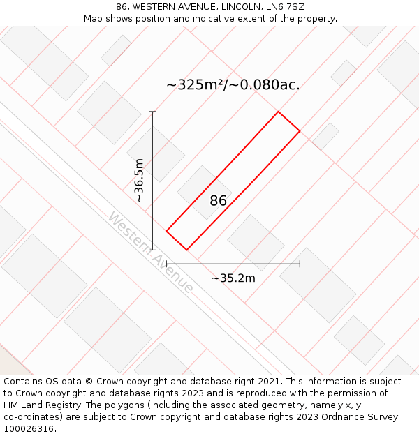 86, WESTERN AVENUE, LINCOLN, LN6 7SZ: Plot and title map