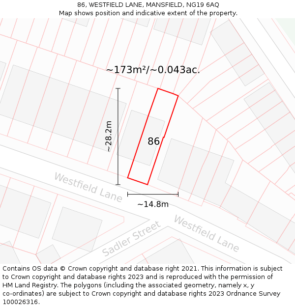 86, WESTFIELD LANE, MANSFIELD, NG19 6AQ: Plot and title map