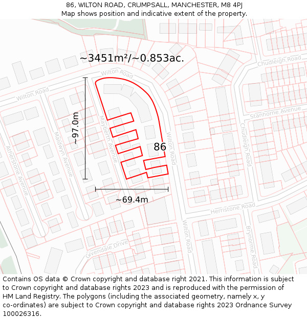 86, WILTON ROAD, CRUMPSALL, MANCHESTER, M8 4PJ: Plot and title map