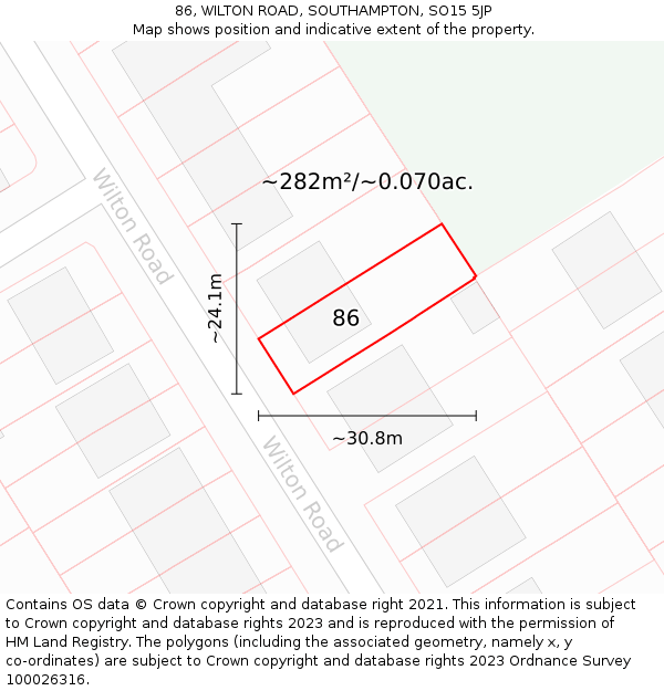 86, WILTON ROAD, SOUTHAMPTON, SO15 5JP: Plot and title map