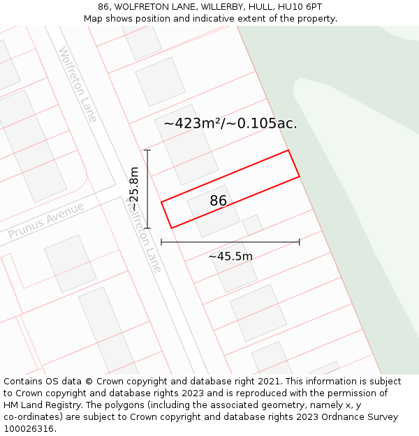 86, WOLFRETON LANE, WILLERBY, HULL, HU10 6PT: Plot and title map