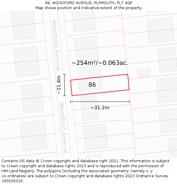 86, WOODFORD AVENUE, PLYMOUTH, PL7 4QP: Plot and title map