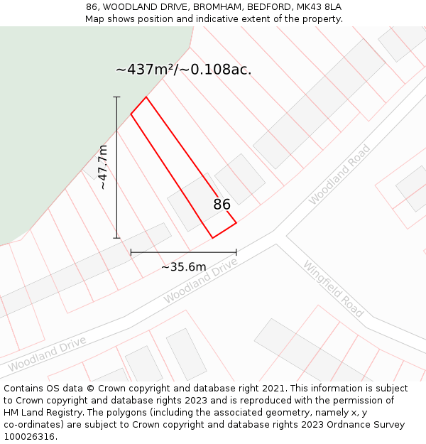 86, WOODLAND DRIVE, BROMHAM, BEDFORD, MK43 8LA: Plot and title map