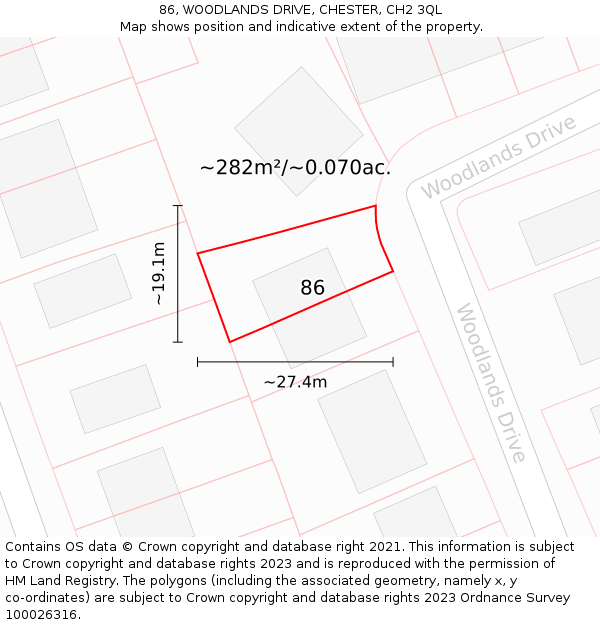 86, WOODLANDS DRIVE, CHESTER, CH2 3QL: Plot and title map