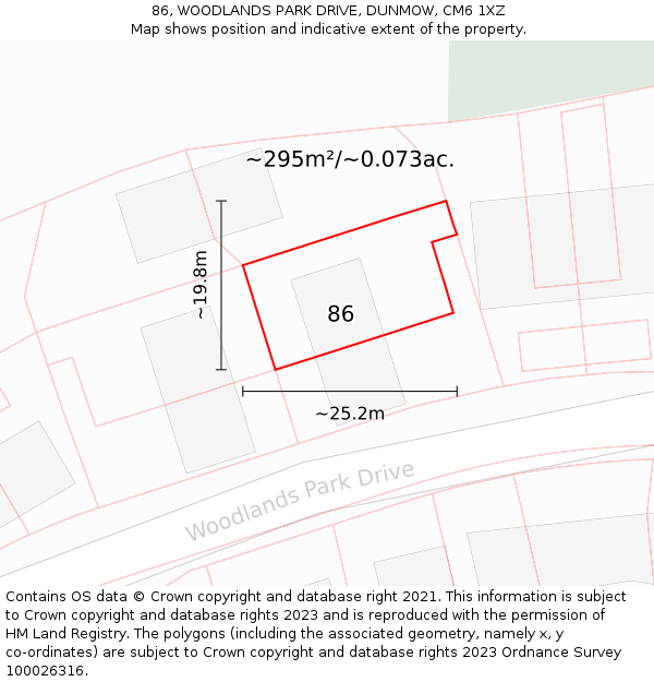 86, WOODLANDS PARK DRIVE, DUNMOW, CM6 1XZ: Plot and title map