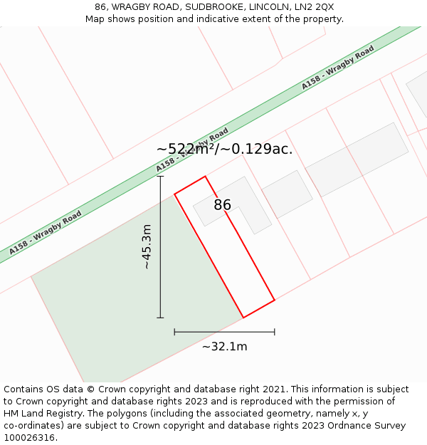 86, WRAGBY ROAD, SUDBROOKE, LINCOLN, LN2 2QX: Plot and title map