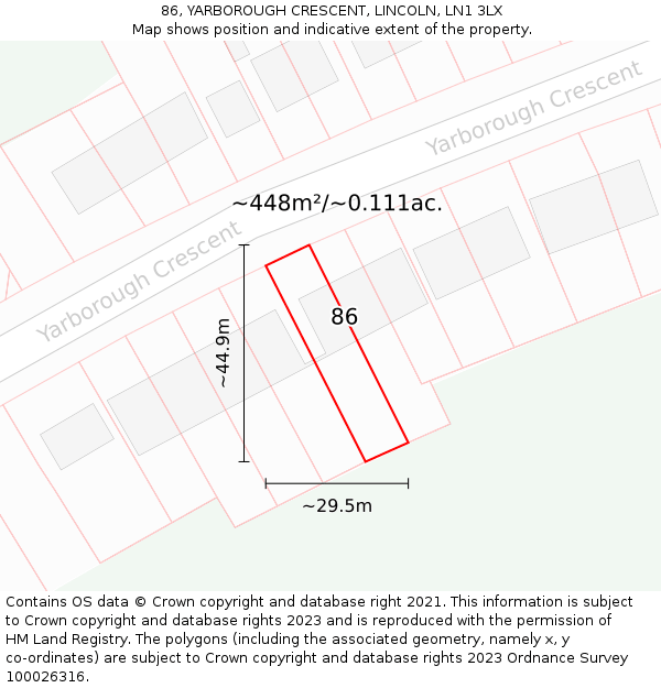 86, YARBOROUGH CRESCENT, LINCOLN, LN1 3LX: Plot and title map