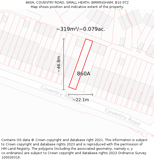 860A, COVENTRY ROAD, SMALL HEATH, BIRMINGHAM, B10 0TZ: Plot and title map