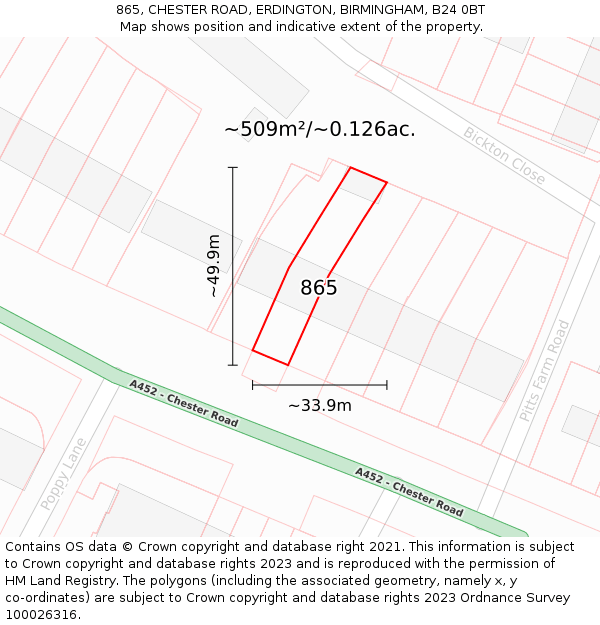 865, CHESTER ROAD, ERDINGTON, BIRMINGHAM, B24 0BT: Plot and title map